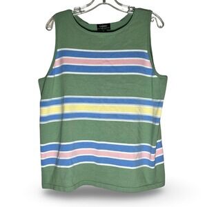 Lauren Ralph Lauren 1X Tank Top Green Striped Knit Sleeveless‎ Cotton Blend